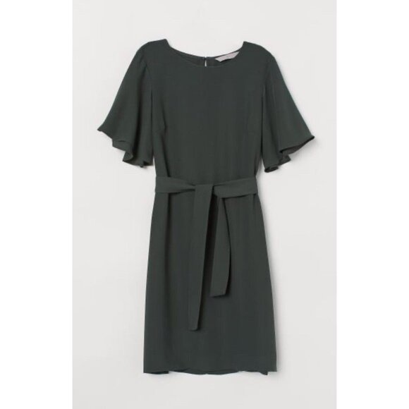 H&M Womens Dress with Tie Belt Short Sleeve Knee Length Flutter Size 4 - Picture 1 of 9